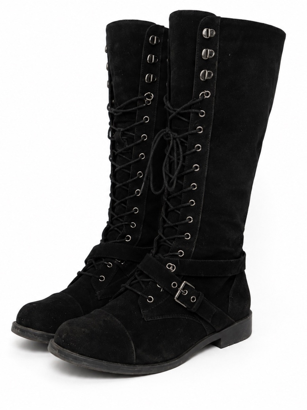 Shoe Dazzle Black Lace-Up Knee Boots with Buckle Strap